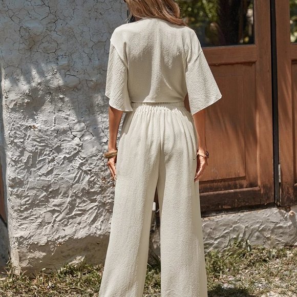 Apricot Boho Womens Twist Front Drop Shoulder Crop Top & Wide Leg Pants - Picture 2 of 5